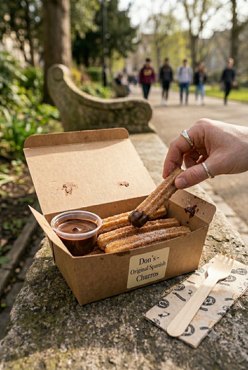 Don’s Original Spanish Churros takeaway box with chocolate dip in a casual outdoor setting